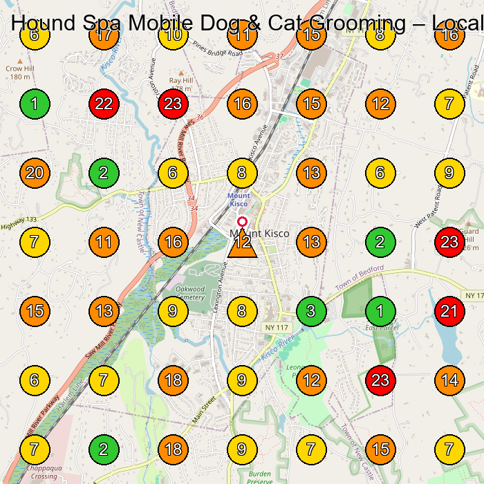 Hound Spa Mobile Dog & Cat Grooming Pet Groomer GeoGrid ranking map for Mt Kisco NY